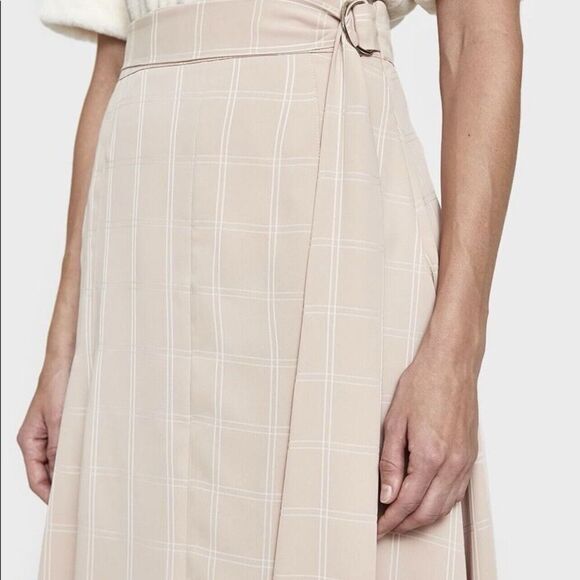 Farrow Midi Skirt Medium Neutral Plaid Window Pane Tie-Up Modest Slit Career - Picture 5 of 10